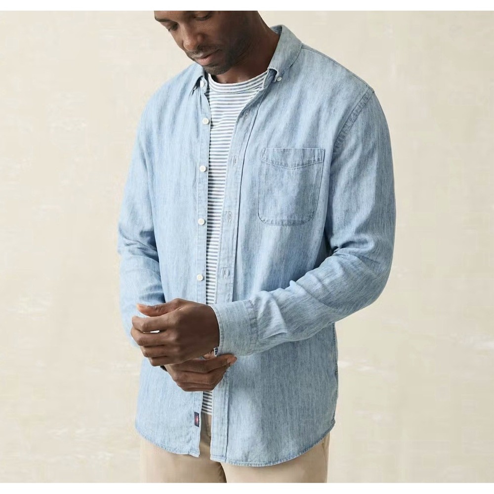 Faherty Men's Tried And True Chambray Button Down Shirt Denim Linen Blend Sz L